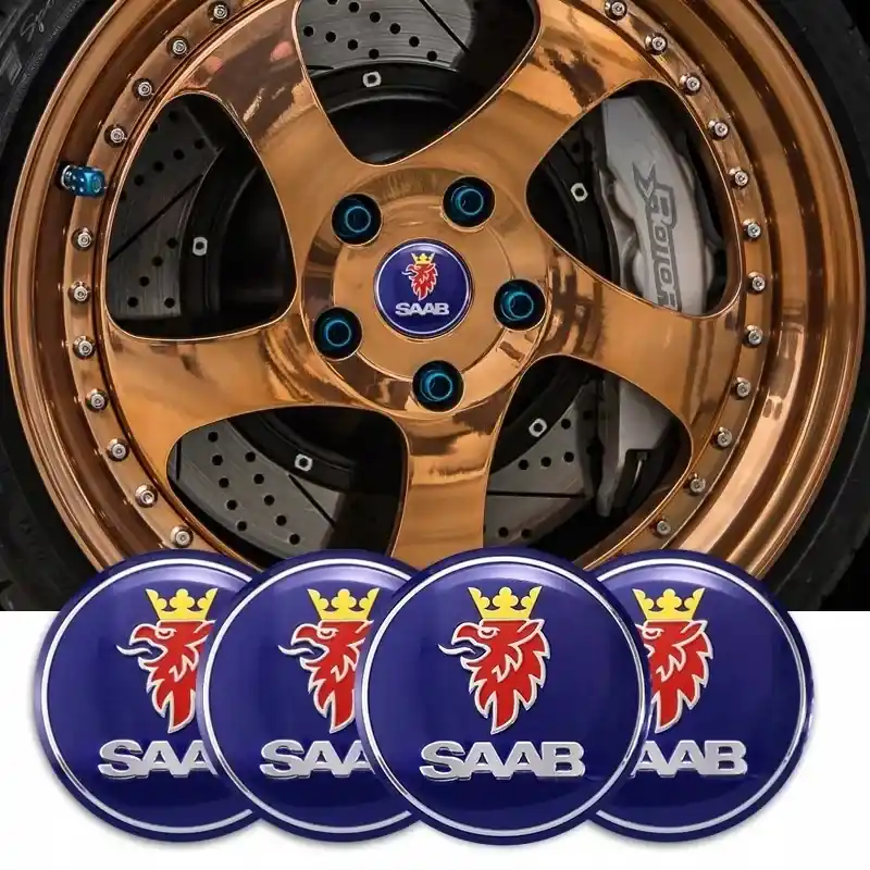 Szybka dostawa SAAB 4x NAKLEJKI EMBLEMATY ZNACZKI 56mm ALUMINIOWE
