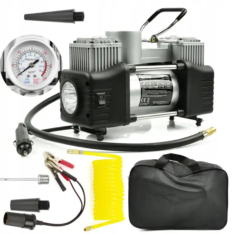 KOMPRESOR SAMOCHODOWY Z MANOMETRTEM 12V POMPKA SPRĘŻARKA 250W + NASADKI LED Oryginalny