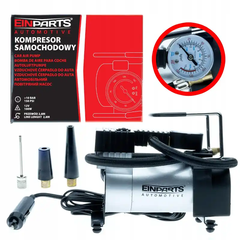 KOMPRESOR SAMOCHODOWY 12V DO ZAPALNICZKI 1-TŁOKOWY METAL 100W 150PSI 10BAR Tani
